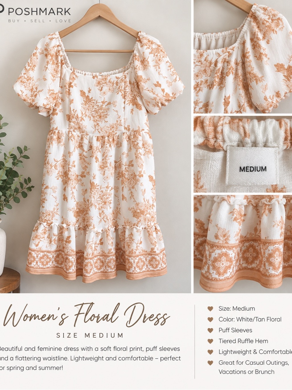 Medium White and Tan Floral Puff Sleeve Dress